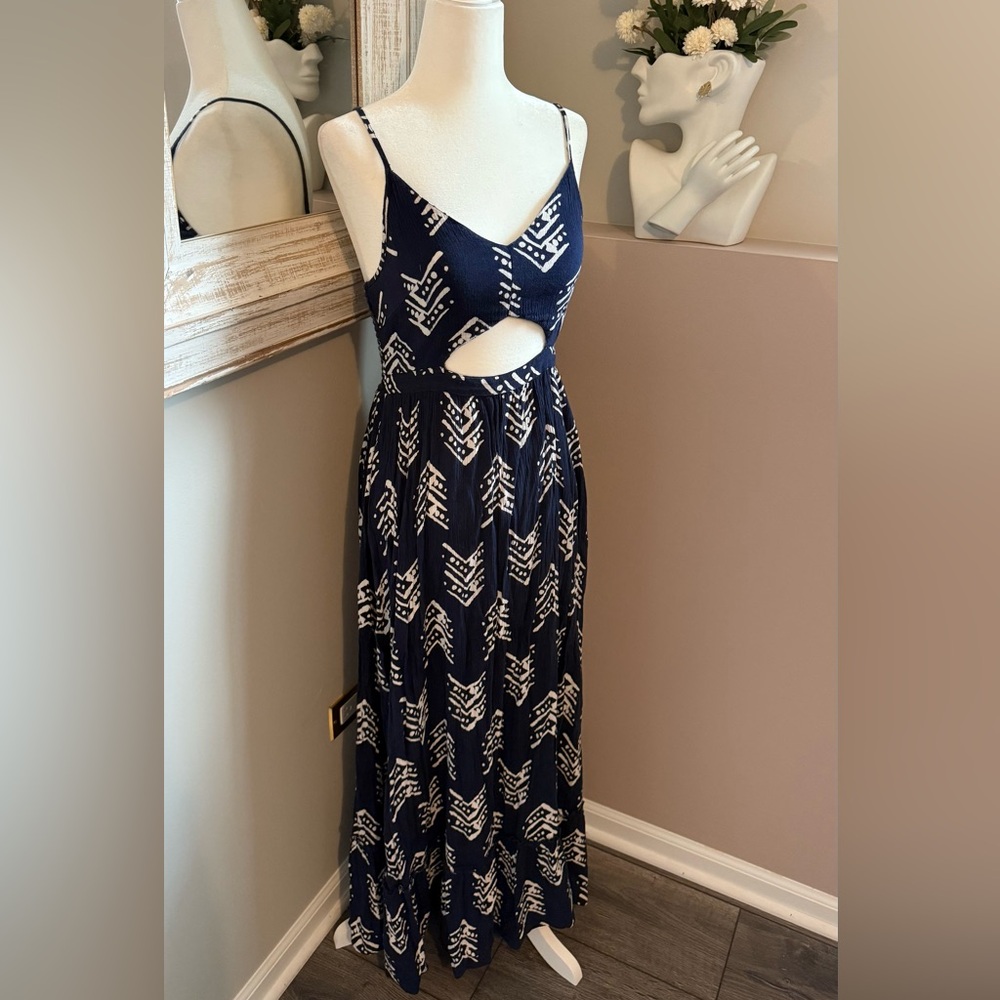 American‎ Eagle Aerie Navy and White Boho Maxi Dress with Cut-Out